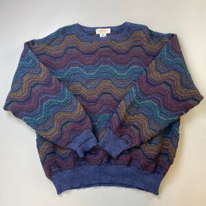 Tricots St Raphael Blue Purple Zigzag Crewneck Sweater Medium Merino Wool FLAW